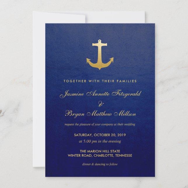 Navy Blue Nautical Faux Gold Foil Anchor Wedding Invitation (Front)