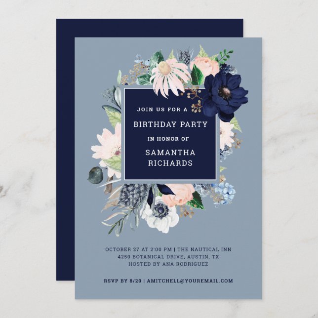Navy Blue Nautical Floral | Birthday Party Invitation (Front/Back)