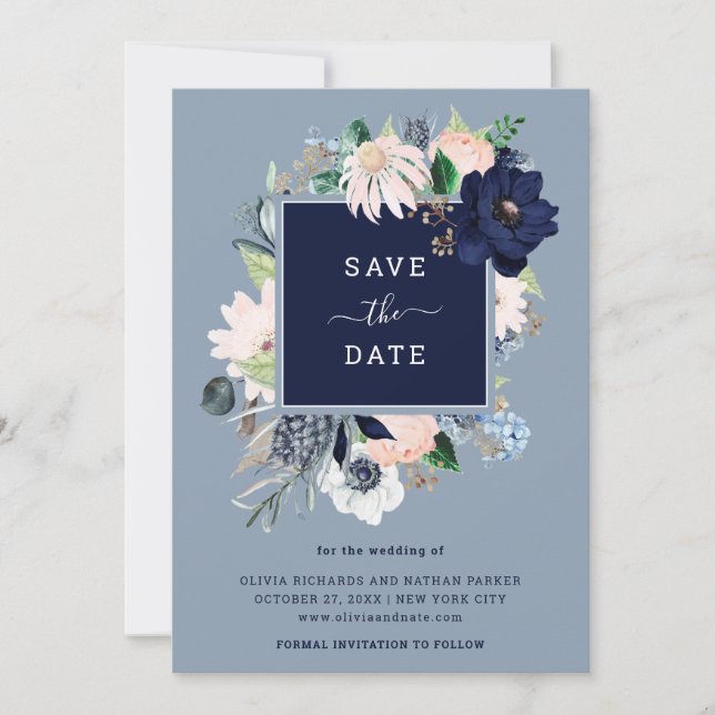 Navy Blue Nautical Floral Save The Date (Front)