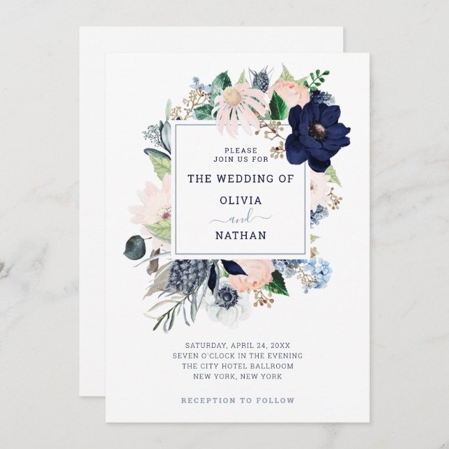 Navy Blue Nautical Floral | Wedding Invitation (Front/Back)