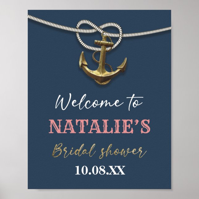 Navy Blue Nautical Gold Anchor Rope Bridal Shower Poster (Front)