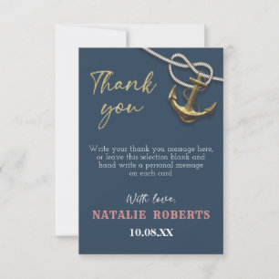 Navy Blue Nautical Gold Anchor Rope Bridal Shower Thank You Card