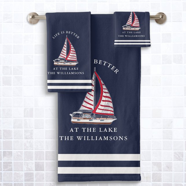 Navy Blue Nautical Life is Better at the Lake Bath Towel Set (Creator Uploaded)