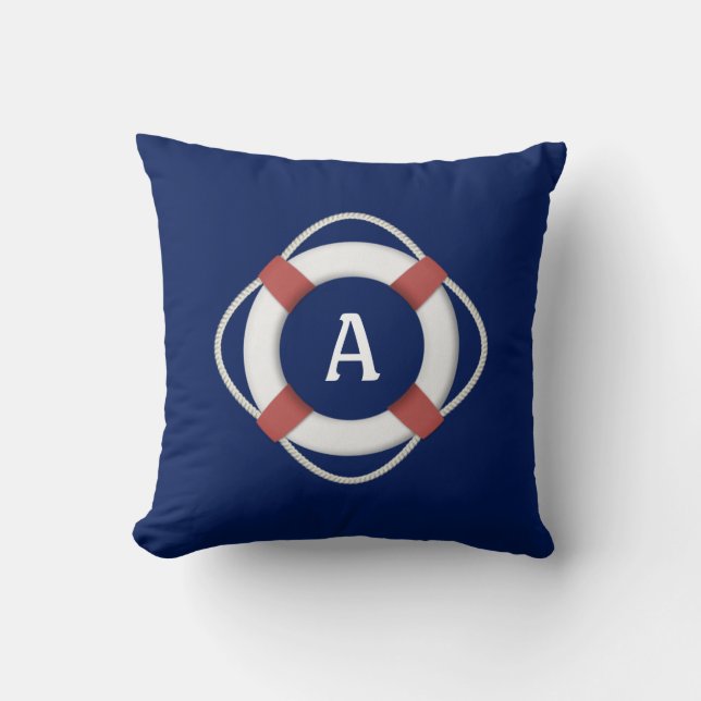 Navy Blue Nautical Lifesaver Monogram Cushion (Front)