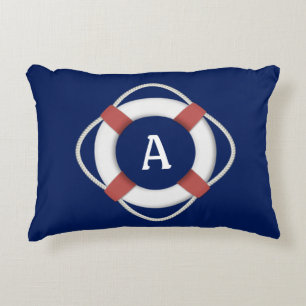 Navy Blue Nautical Lifesaver Monogram Decorative Cushion
