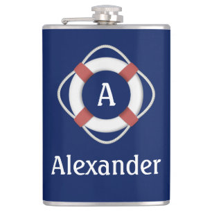 Navy Blue Nautical Lifesaver Monogram Hip Flask