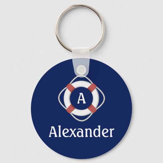 Navy Blue Nautical Lifesaver Monogram Key Ring (Front)