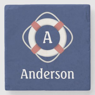Navy Blue Nautical Lifesaver Monogram Stone Coaster