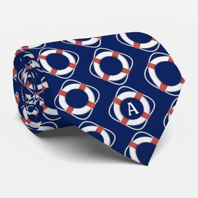 Navy Blue Nautical Lifesaver Monogram Tie (Rolled)