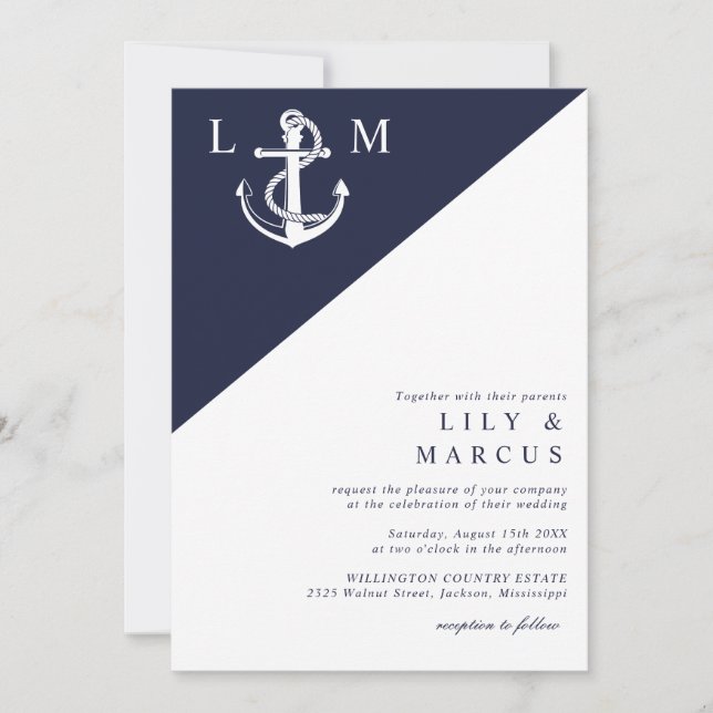 Navy Blue Nautical Minimalist Monogram Wedding Invitation (Front)