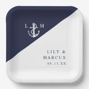 Navy Blue Nautical Minimalist Monogram Wedding Paper Plate