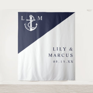 Navy Blue Nautical Monogram Wedding Photo Backdrop Tapestry