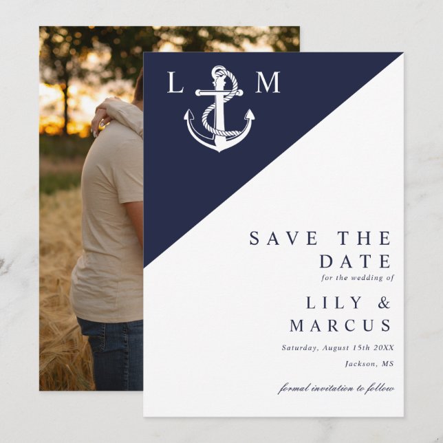 Navy Blue Nautical Monogram Wedding Photo Save The Date (Front/Back)