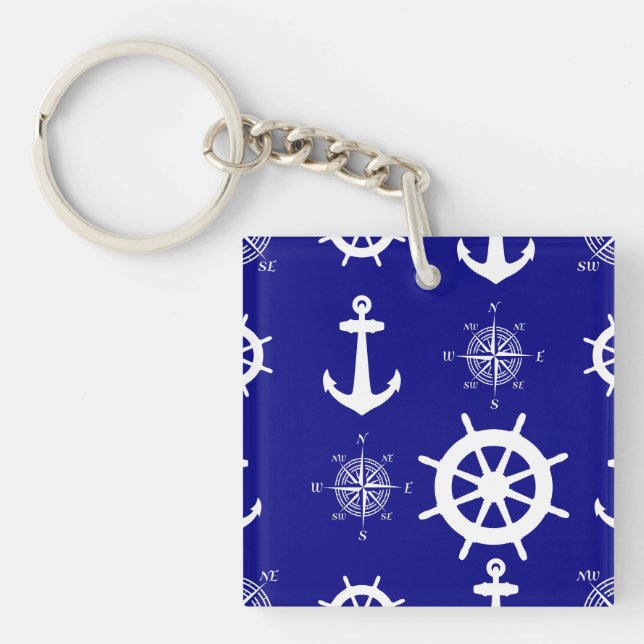 Navy Blue Nautical Pattern Key Ring (Front)