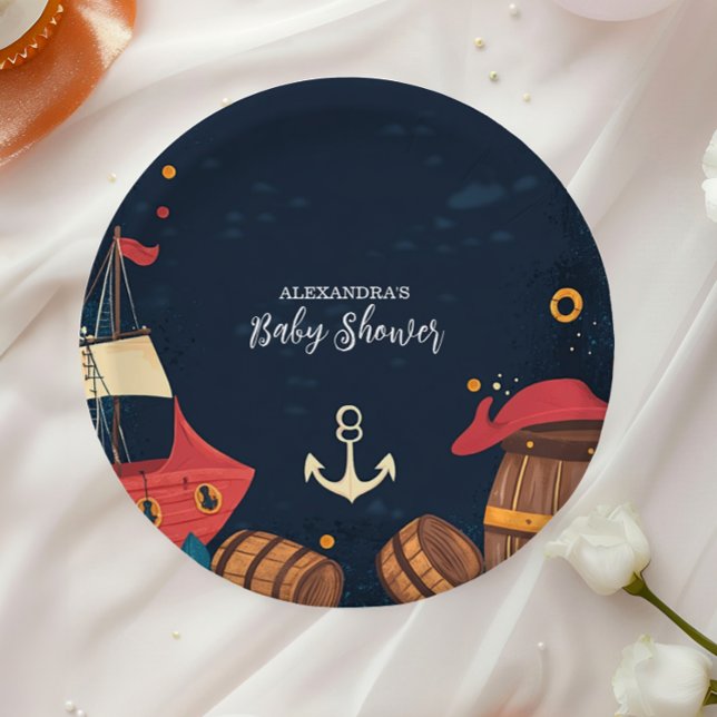 Navy Blue Nautical Pirate Baby Shower Paper Plate (Creator Uploaded)