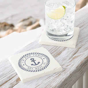 Navy Blue Nautical Rope & Anchor Boat Name Stone Coaster