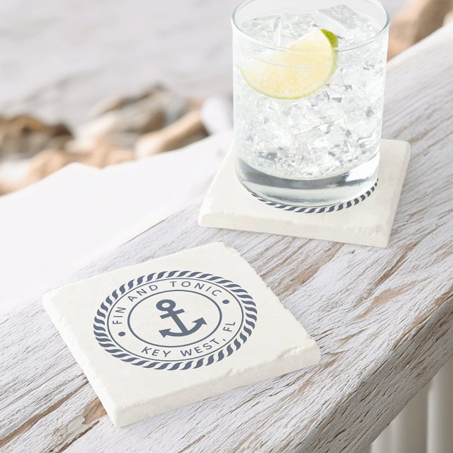Navy Blue Nautical Rope & Anchor Boat Name Stone Coaster (Creator Uploaded)