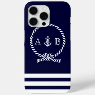 Navy Blue Nautical Rope and Anchor Monogrammed iPhone 15 Pro Max Case