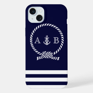 Navy Blue Nautical Rope and Anchor Monogrammed iPhone 15 Plus Case