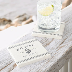 Navy Blue Nautical Rustic Anchor Boat Name Stone Coaster