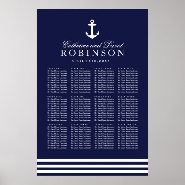 Navy Blue Nautical Seating Plan with Anchor Poster (Front)