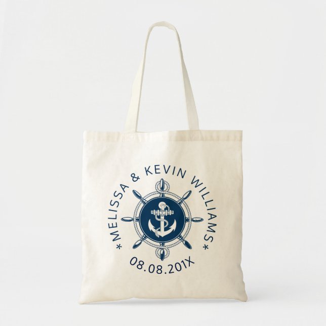 Navy Blue Nautical Ship Wheel And Anchor Tote Bag (Front)