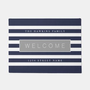 Navy blue nautical stripe custom family welcome doormat