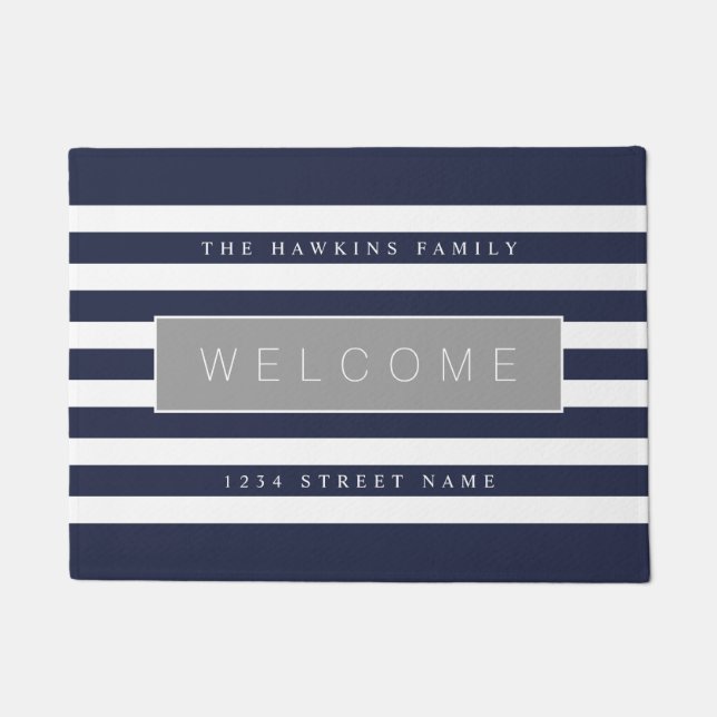 Navy blue nautical stripe custom family welcome doormat (Front)