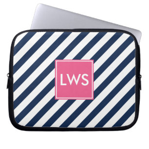 Navy Blue Nautical Stripes Monogram Laptop Sleeve