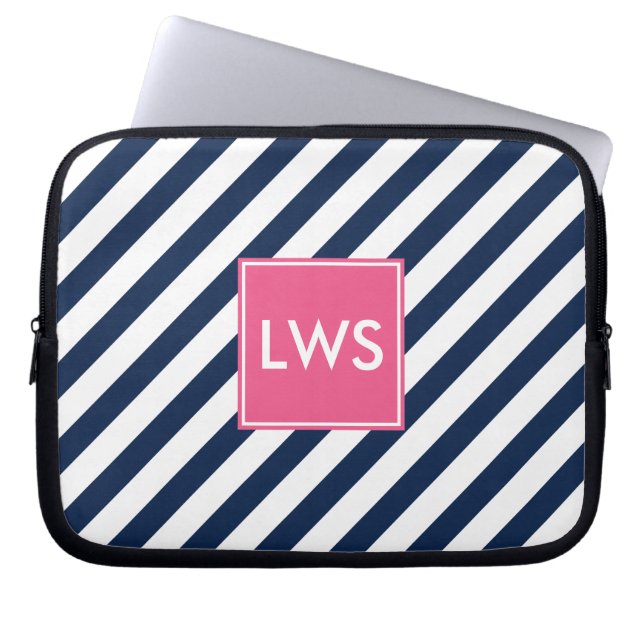 Navy Blue Nautical Stripes Monogram Laptop Sleeve (Front)
