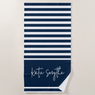 Navy Blue Nautical Stripes Script Name Beach Towel