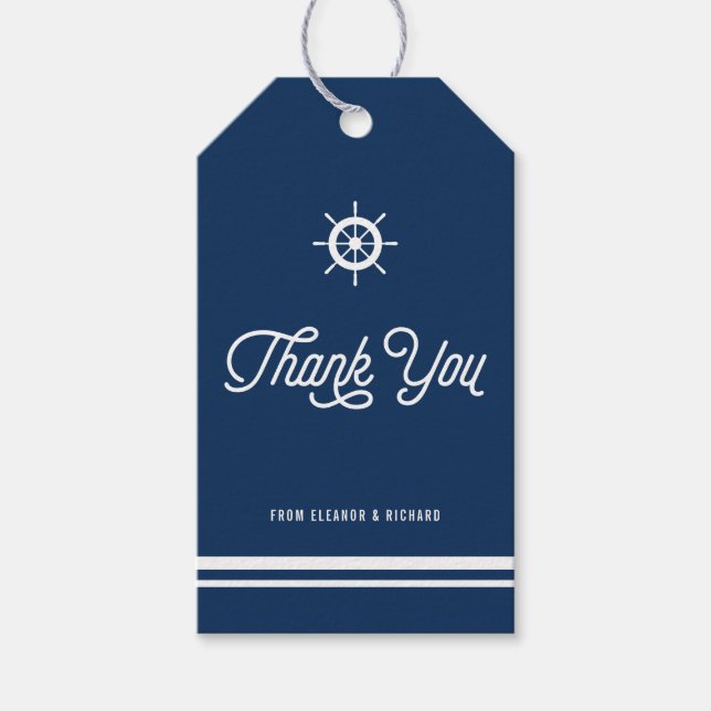 Navy Blue Nautical Thank You Script with Helm Gift Tags (Front)