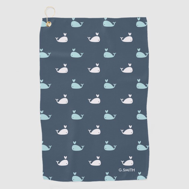 Navy Blue Nautical Theme. Cute Whale Pattern. Golf Towel (Front)
