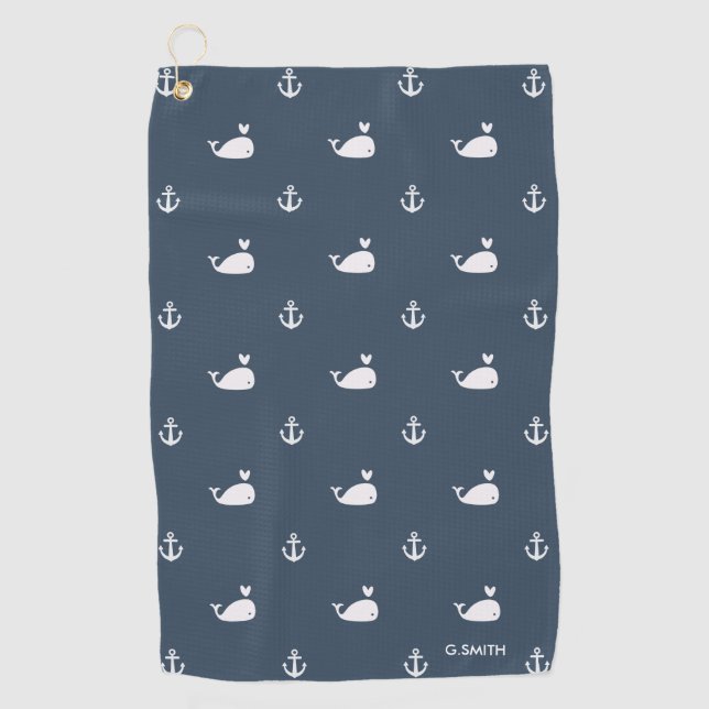 Navy Blue Nautical Theme. Cute Whale Pattern. Golf Towel (Front)