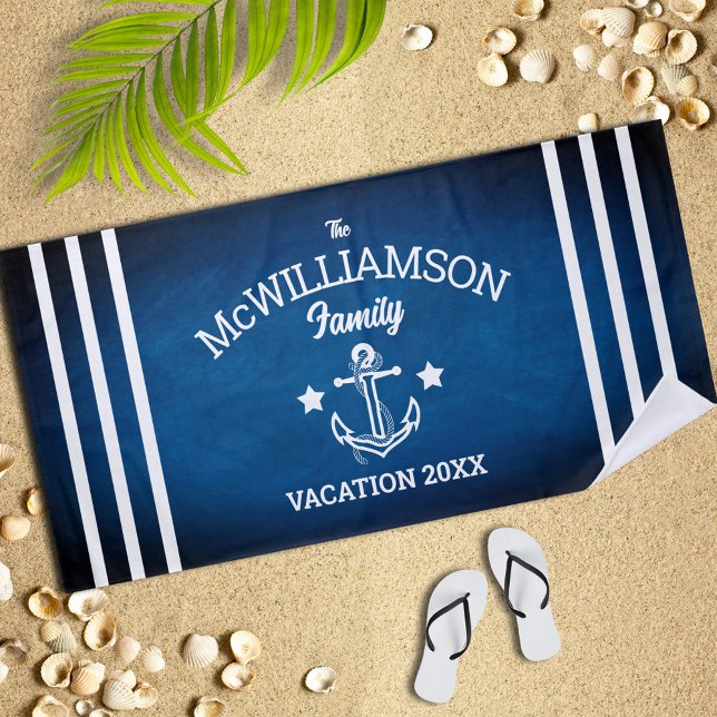 Navy Blue Nautical Theme Family Event Beach Towel (Creator Uploaded)