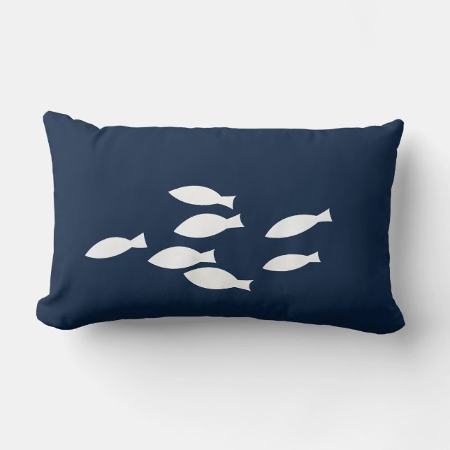 Navy Blue Nautical Throw Pillow White Fish (Front)