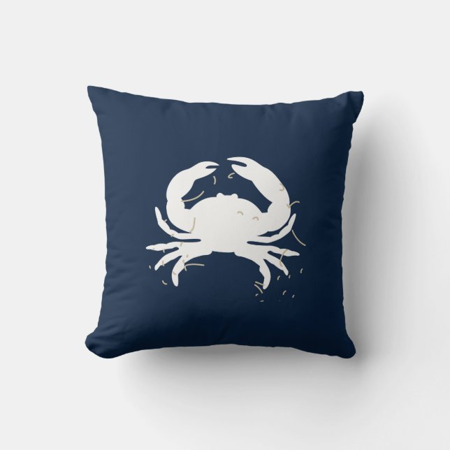 Navy Blue Nautical Throw Pillow with White Crab (Front)