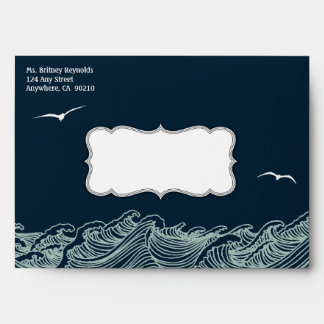 Navy Blue Nautical Waves & Birds Wedding Envelopes