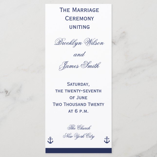 Navy Blue Nautical Wedding Ceremony Programs Programme (Front)