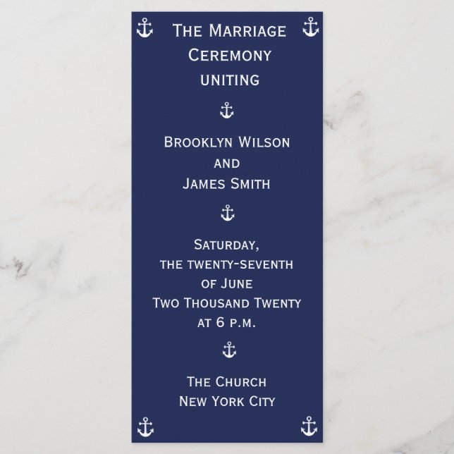 Navy Blue Nautical Wedding Ceremony Programs Programme (Front)