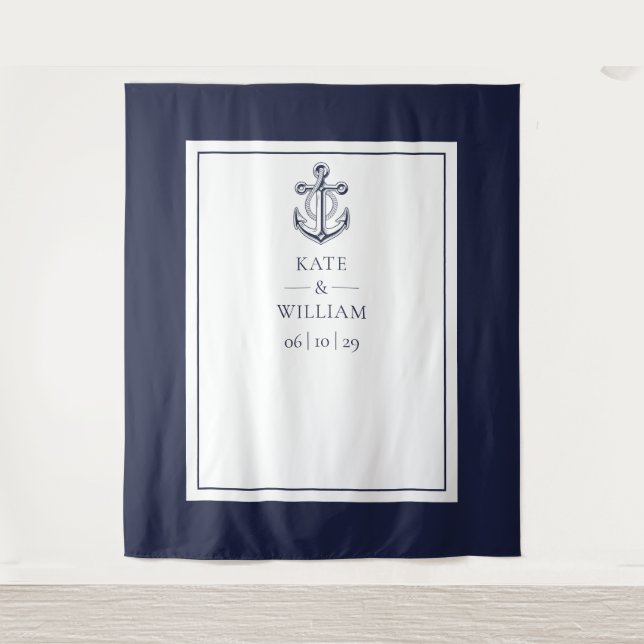 Navy Blue Nautical Wedding Photo Booth Backdrop Tapestry (Front)