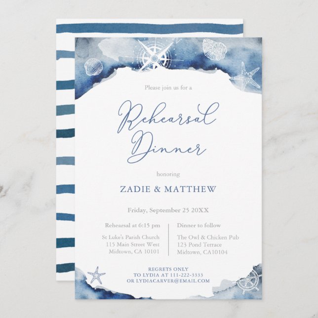 Navy Blue Nautical Wedding Rehearsal Dinner Invitation (Front/Back)