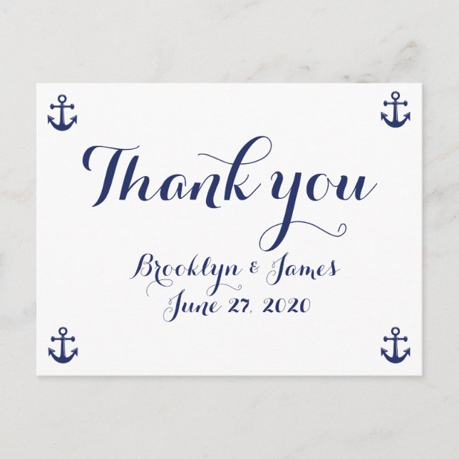 Navy Blue Nautical Wedding Thank You Postcards (Front)