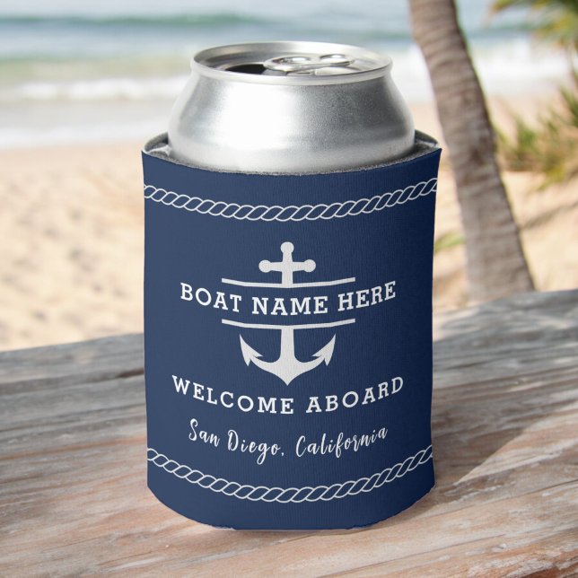 Navy Blue Nautical Welcome Aboard Boat Name Anchor Can Cooler (Creator Uploaded)