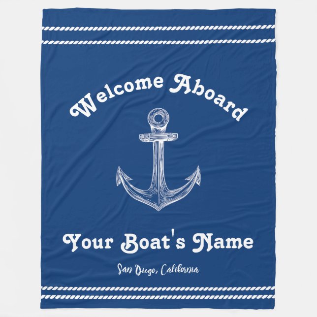 Navy Blue Nautical Welcome About Custom Boat  Fleece Blanket (Front)