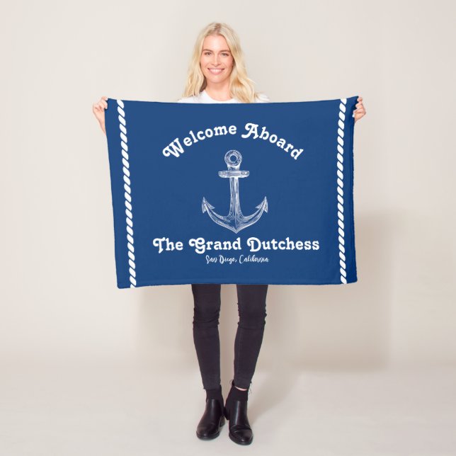 Navy Blue Nautical Welcome About Custom Boat  Fleece Blanket (In Situ)