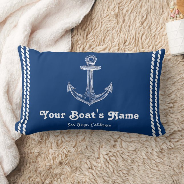 Navy Blue Nautical Welcome About Custom Boat  Lumbar Cushion (Blanket)