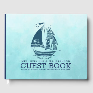 Navy-blue nautical wind sailing boat 2 guest book