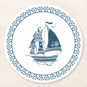 Navy-blue nautical wind sailing boat round paper coaster