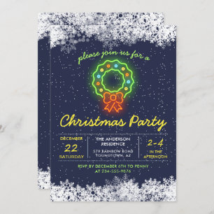 Navy Blue Neon Snowflake Christmas Holiday Party Invitation